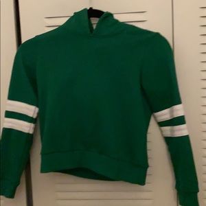 Green hoodie with white stripes